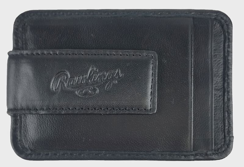 An embossed Rawlings logo on the magnetic clip of a black RL164-001 money clip with two additional credit card slots