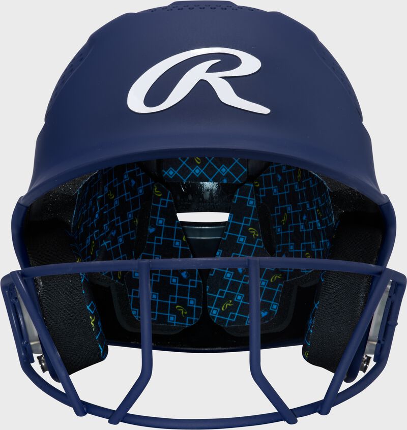 Front of a navy Rawlings RX2 fastpitch batting helmet loading=