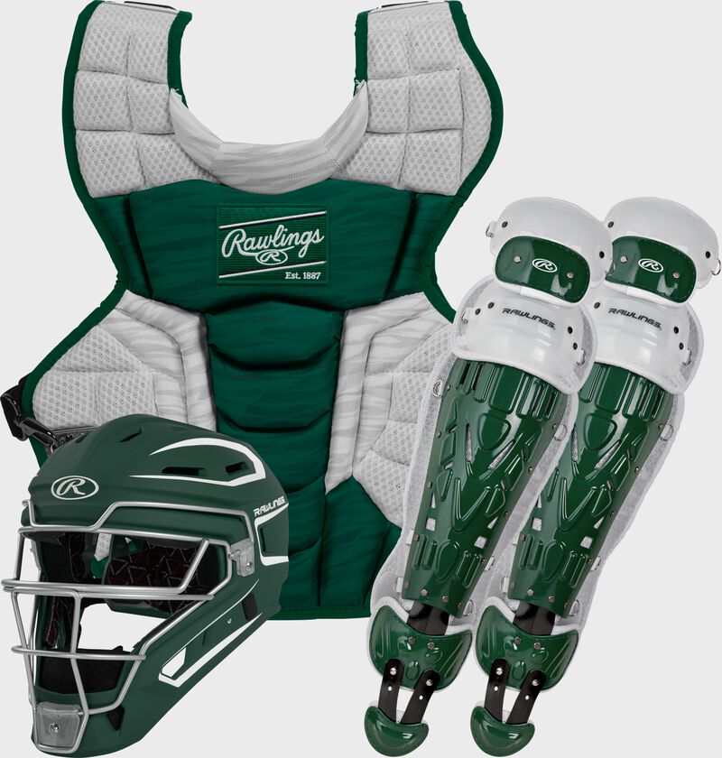 A dark green Velo 2.0 catcher's gear set with a catcher's helmet, chest protector and leg guards - CSV2A-DG/W