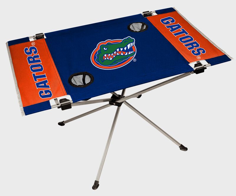 A Florida Gators endzone table with a large team logo in the middle