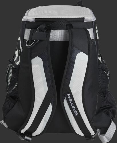 Back of black/white R500 Players team backpack with black/white shoulder straps