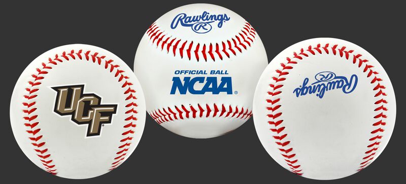 3 views of a NCAA UCF Knights baseball with a team logo, NCAA logo and Rawlings logo