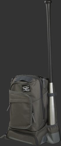 Left angle of a grey R701 baseball training backpack with one bat