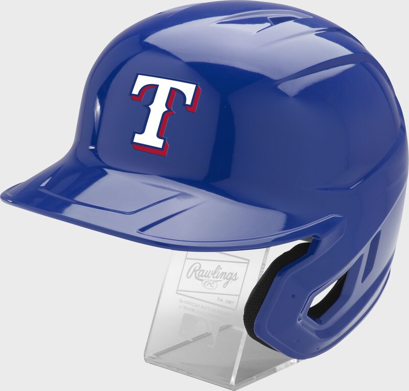 Front left of a blue Rawlings Texas Rangers replica helmet - SKU: MLBMR-TEX