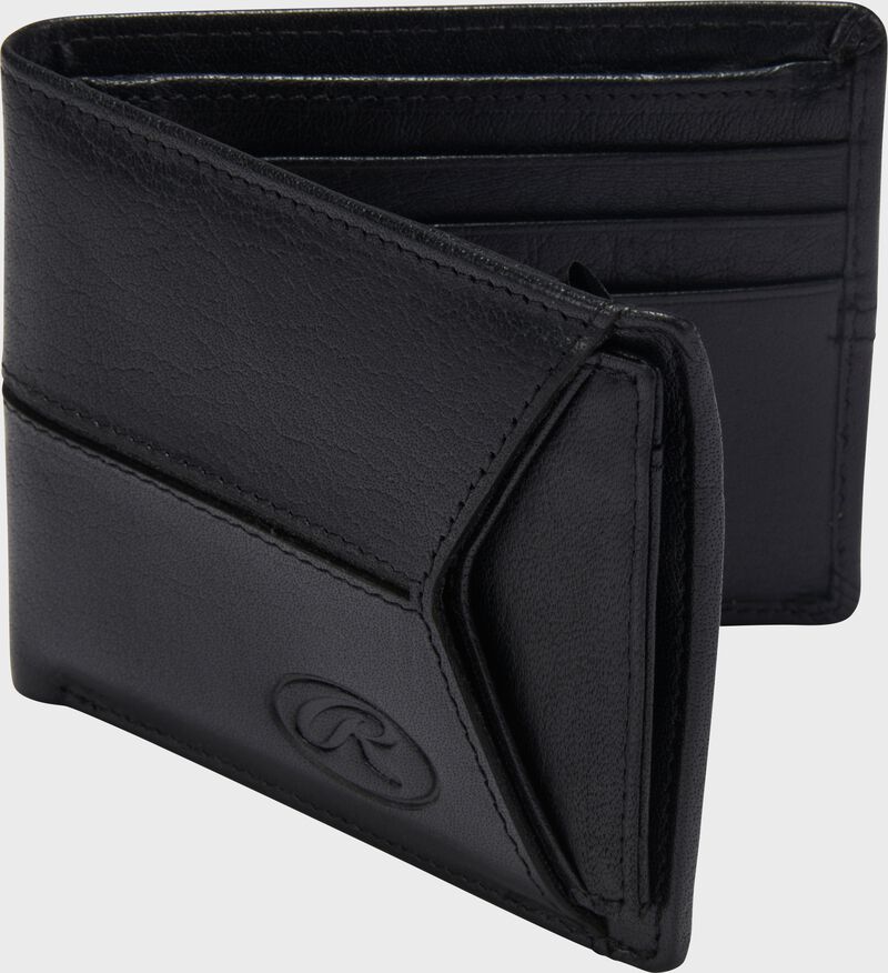Extra panel of a black Rawlings Home Run bi-fold wallet