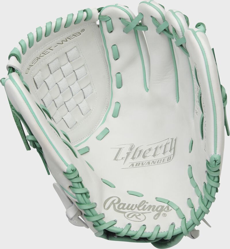 White palm of a Rawlings Liberty Advanced Color Series glove with mint laces - SKU: RLA120-3WM