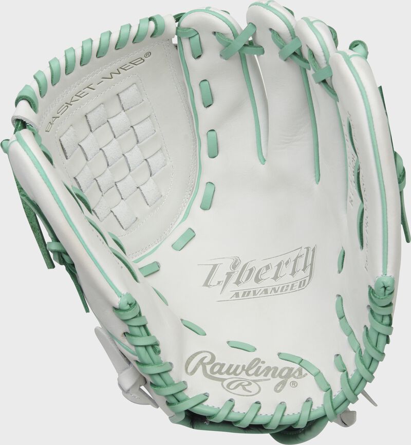 White palm of a Rawlings Liberty Advanced Color Series glove with mint laces - SKU: RLA120-3WM loading=