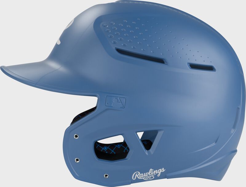 Left side of a Columbia blue Rawlings RX2 batting helmet loading=