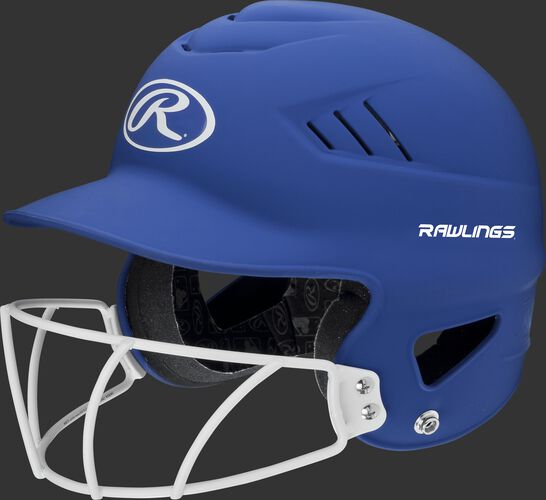 A royal RCFHLFG Coolflo batting helmet with a white facemask