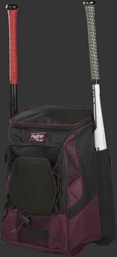 Front left of a maroon/black R600 Rawlings players equipment backpack with two bats