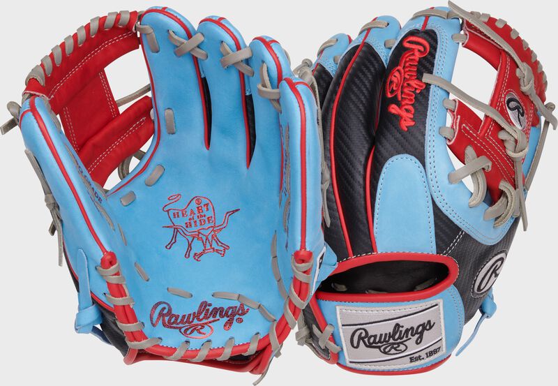 Two images showing the palm & back of a Columbia blue/black Heart of the Hide Hyper Shell 11.5" baseball glove 