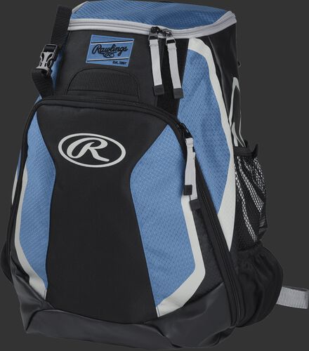 Left side of a black/columbia blue R500 Players team backpack with white trim