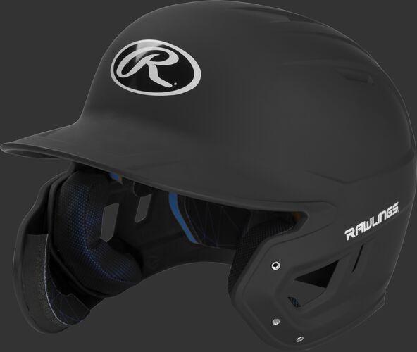 Left angle view of a MACHEXTL Rawlings Mach EXT Junior helmet with a one-tone matte black shell