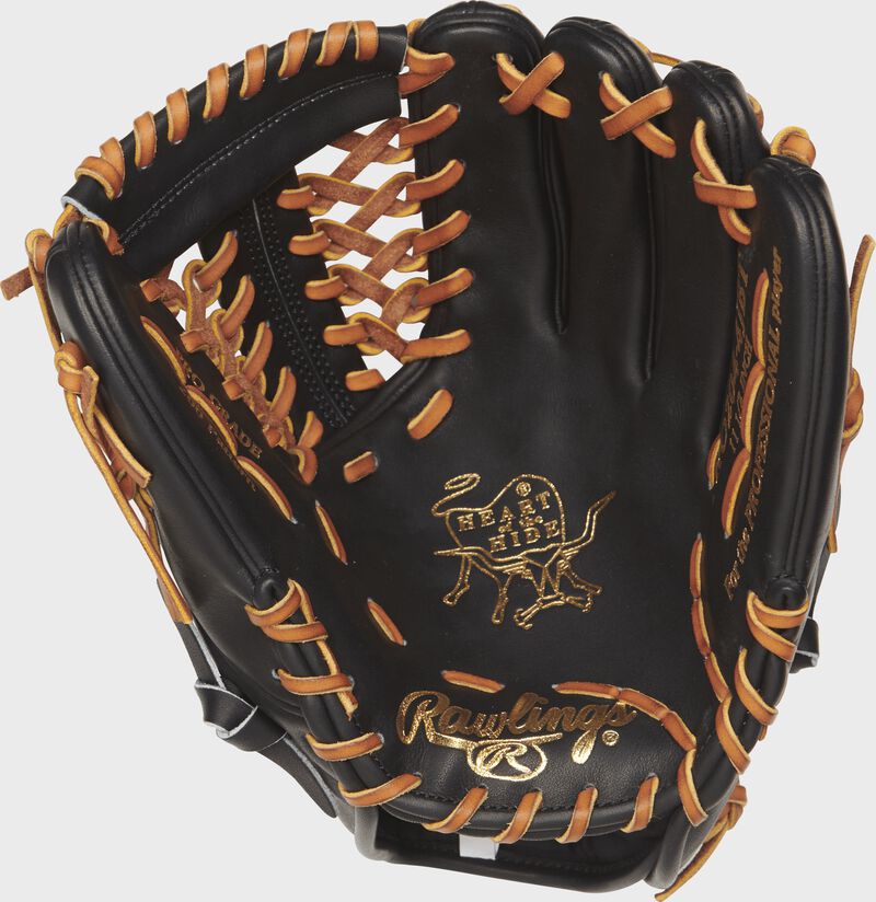 Palm view of a black PRO204-4JBT Rawlings 11.5-inch infield/pitcher's glove with tan laces