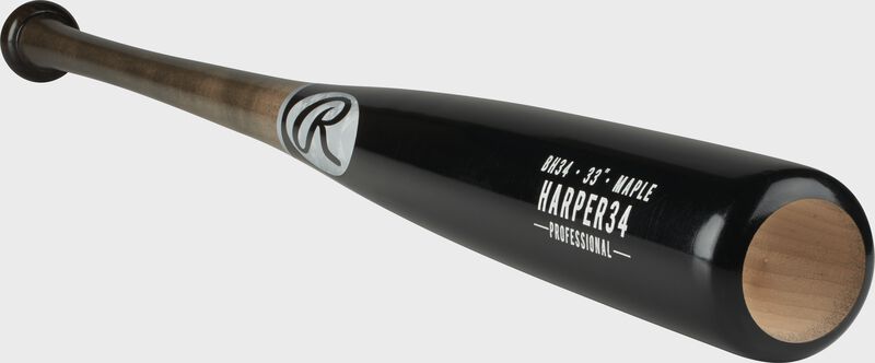 3/4 angle view of a BH34PL Bryce Harper Pro label bat with a black barrel