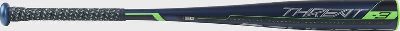 Barrel view of a BB9T3 2019 BBCOR Threat one-piece alloy baseball bat with a navy barrel and grey/green accents