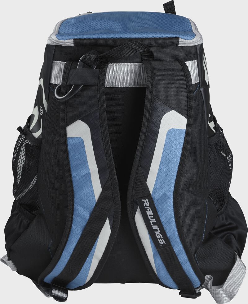 Back of black/columbia blue R500 Players team backpack with black/columbia blue shoulder straps