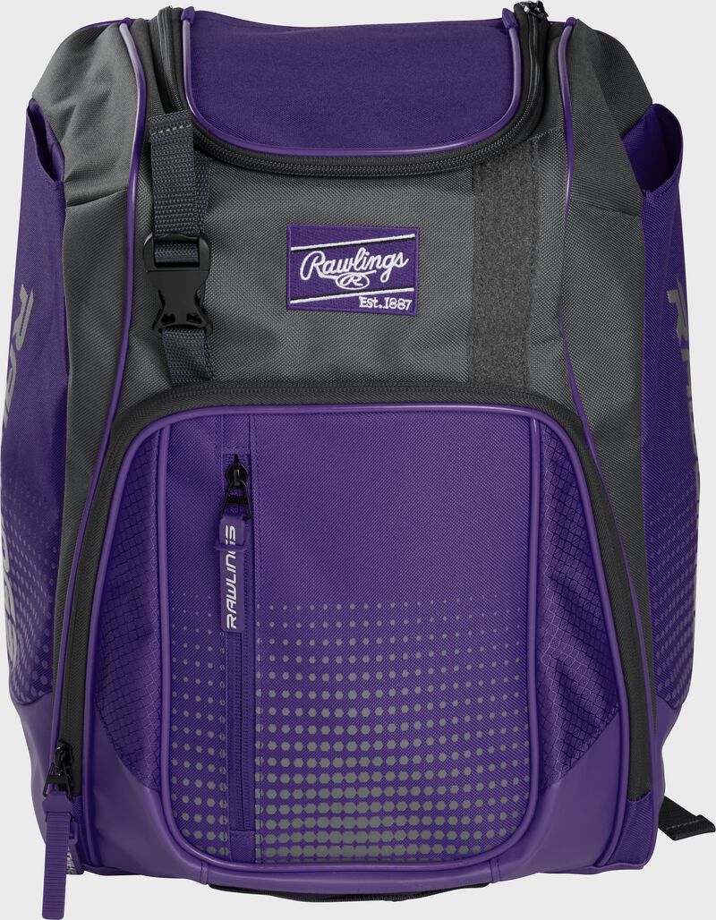 Front of a purple Franchise baseball backpack with gray accents and a purple Rawlings patch - SKU: FRANBP-PU