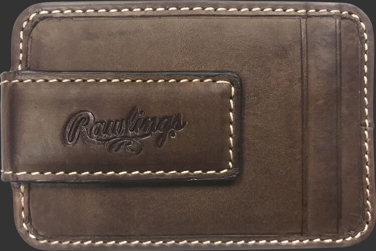 An embossed Rawlings logo on the clip of a brown MW494-201 leather money clip with two additional credit card slots