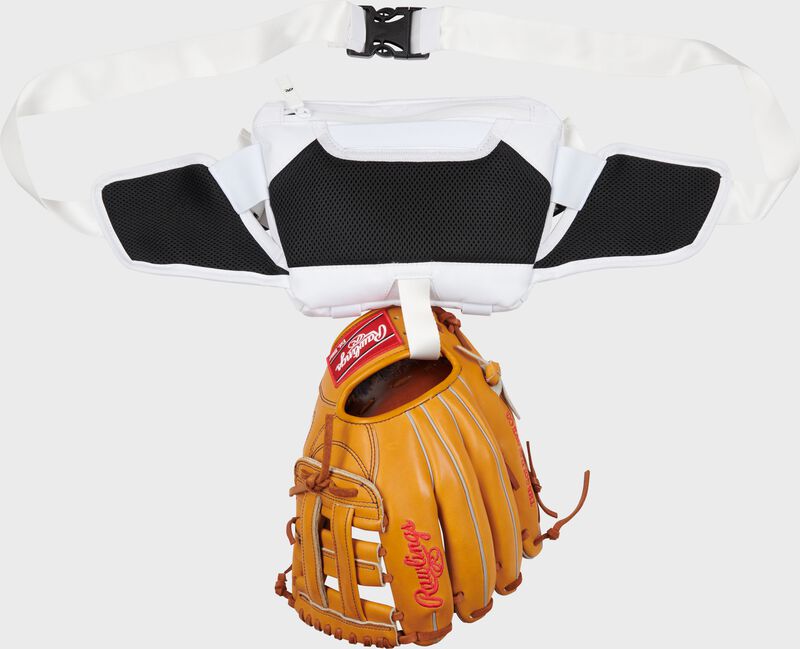 Back of a white Sling bag with a glove clipped to the external clip - SKU: RSLING-WH