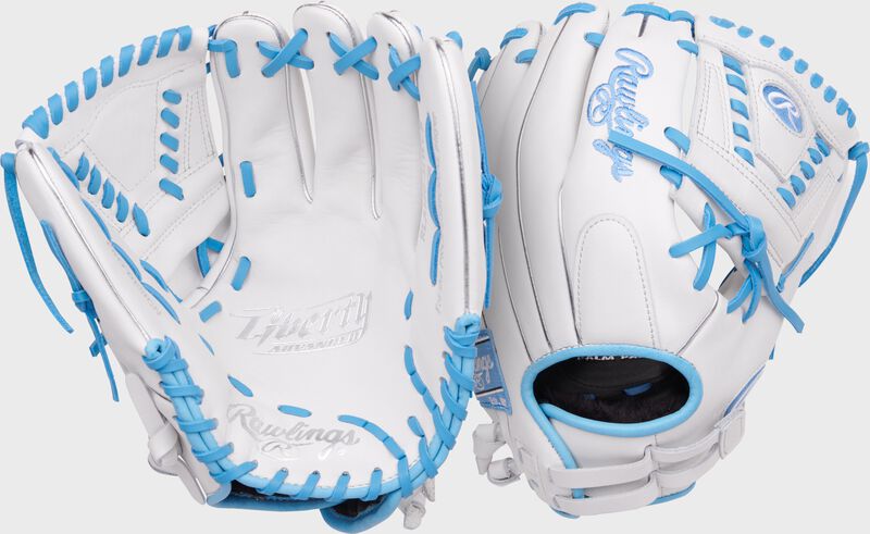 Two images showing the palm & back of a white/Columbia blue Liberty Advanced 12-inch Fastpitch Softball Glove loading=
