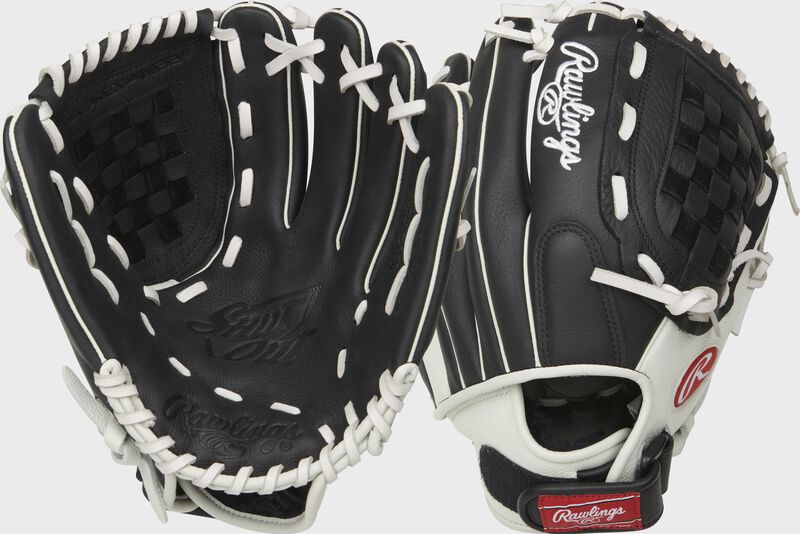 Two images showing the palm & back of a black Shut Out 11.5" infield/pitcher's glove loading=