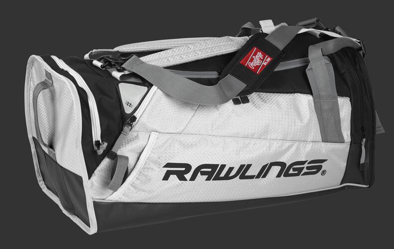 Side angle view of a white R601 Hybrid players bag with a Rawlings logo on the side