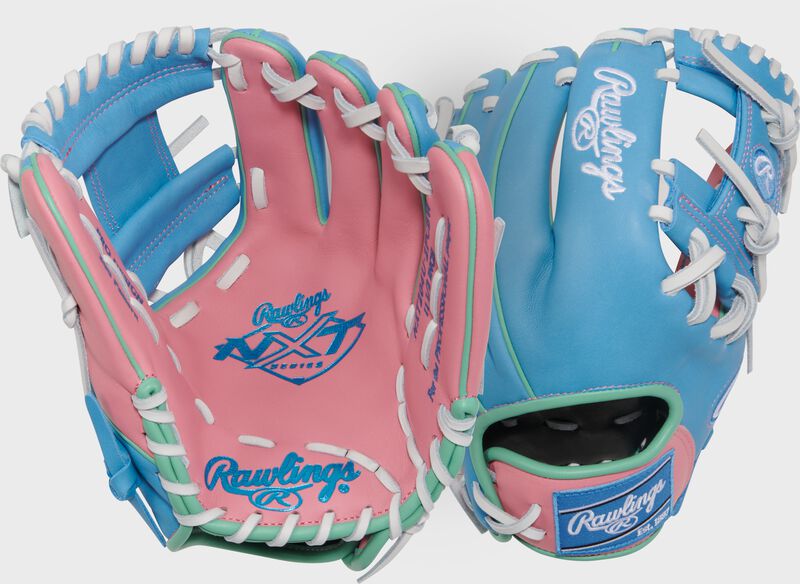 Two image showing the palm & back of a pink/columbia blue Exclusive Rawlings NXT Series 11.5" Infield Glove