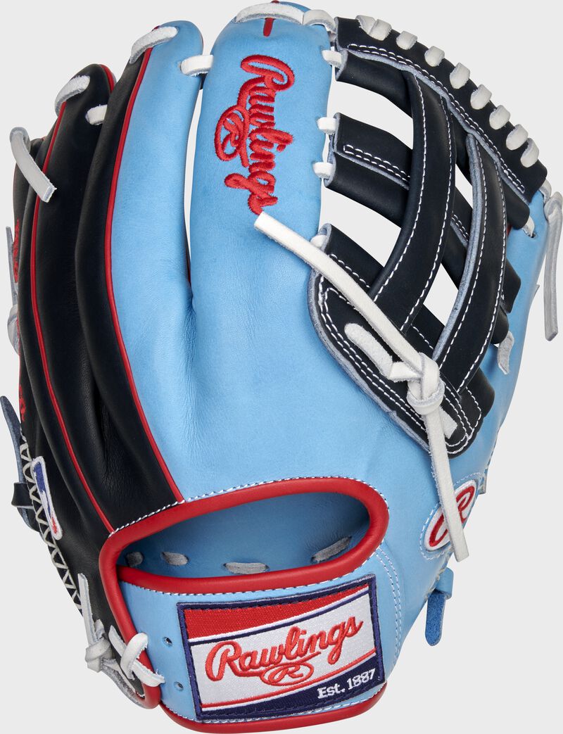 Back of a Columbia blue/navy HOH R2G ColorSync 6.0 12.25-Inch H-web glove with a red/white/blue Rawlings patch - SKU: PRORKB17CB