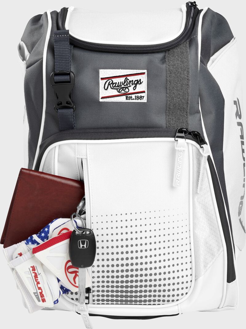 A Rawlings baseball glove in the top compartment of a Franchise baseball backpack - SKU: FRANBP-W