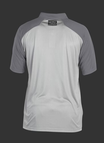 Back of a gray ColorSync polo with dark gray sleeves and a black Rawlings patch on the back neckline - SKU: CSP-BG/GR