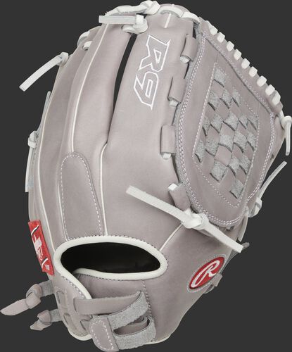 Back of a gray R9 Series 12.5-inch fastpitch Basket web glove with a Pull-strap back - SKU: R9SB125FS-3G