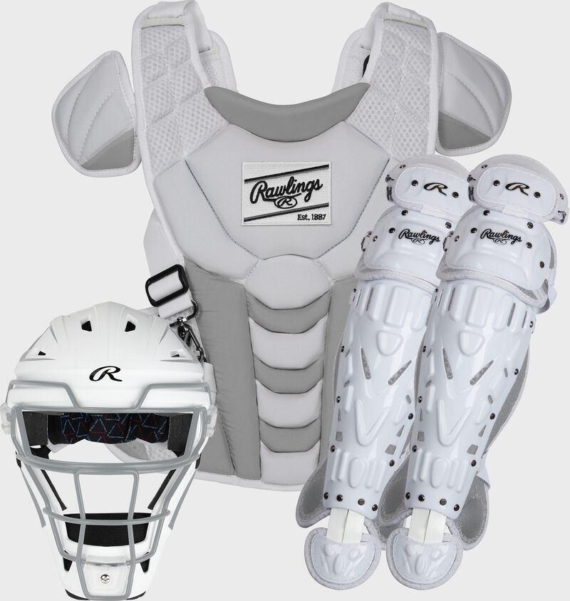 A white/silver Velo fastpitch catcher's gear set with a helmet, chest protector and leg guards - SKU: CSSBL-W/SIL