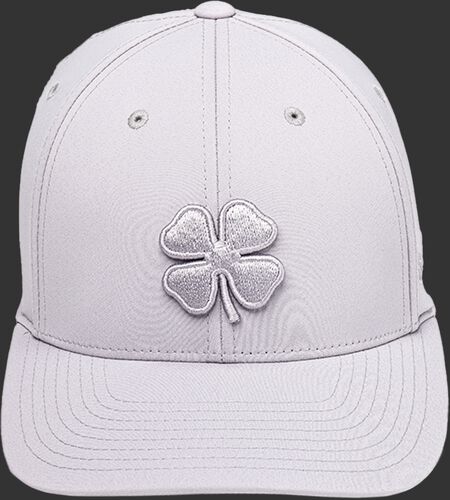 Front of a Rawlings Black Clover Platinum hat with a platinum clover leaf logo - SKU: BCR1P0071