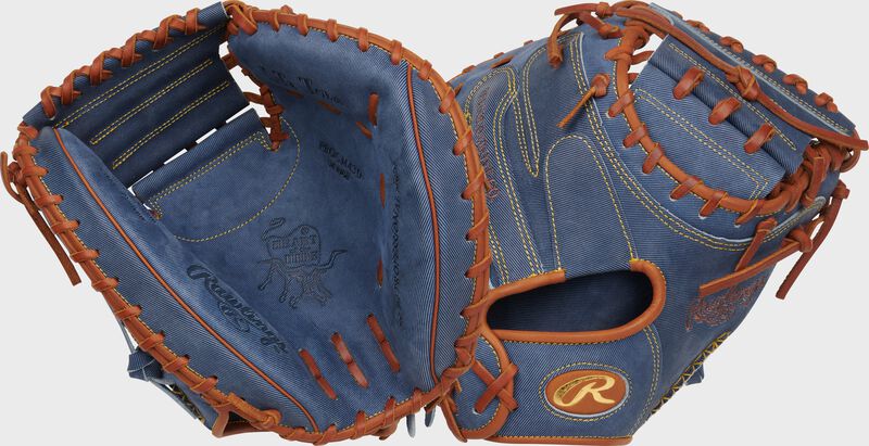 Two images showing the palm & back of a Heart of the Hide Pro Label Denim catcher's mitt