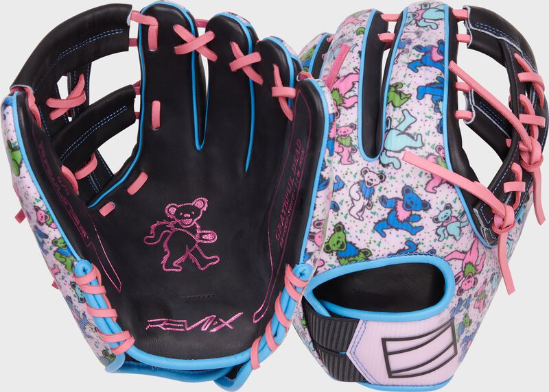 2 images showing the palm & back of a Rawlings x Grateful Dead REV1X infield glove