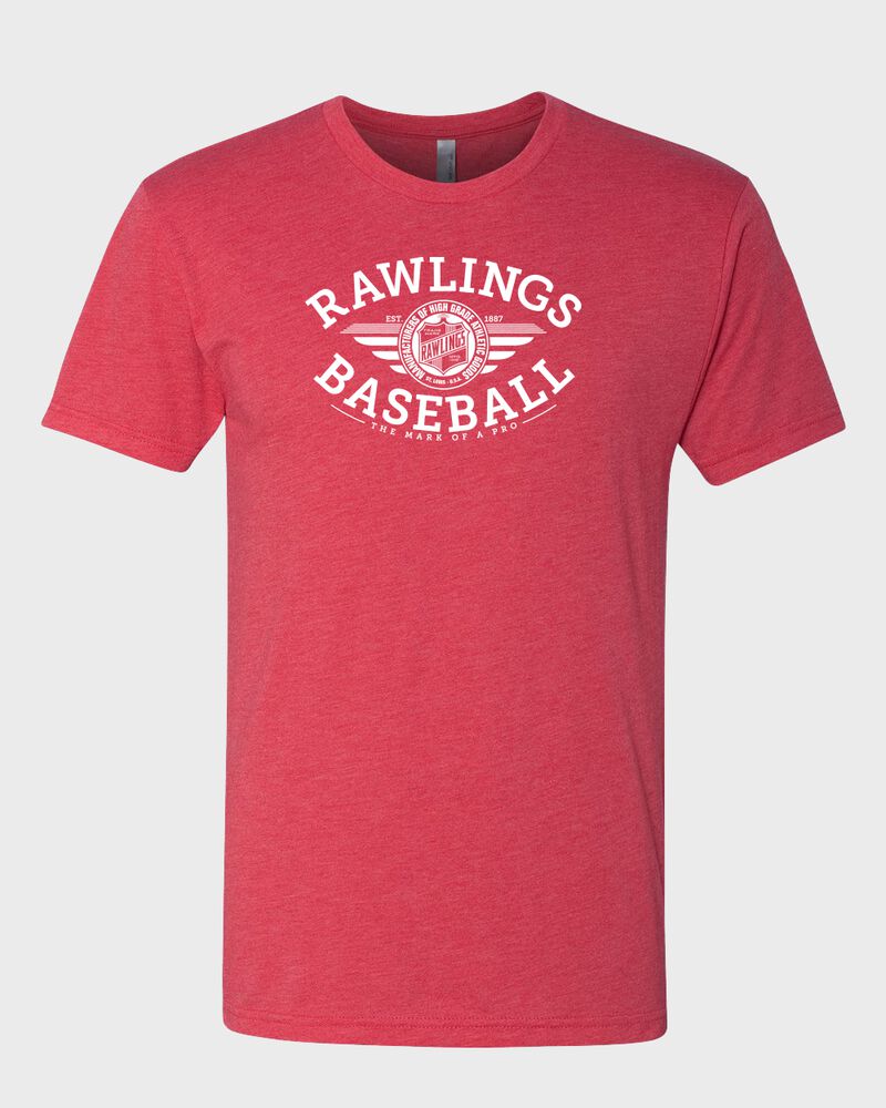 A heather scarlet Rawlings baseballs tri-blend t-shirt - SKU: RSGBT-HS loading=