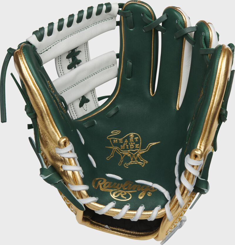 Green palm of a Rawlings Heart of the Hide PRO-LUCKYV glove with gold stamping and white/green laces - SKU: RSGPRO-LUCKYV