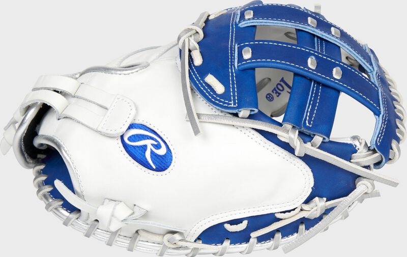 Thumb of a white/royal Liberty Advanced Color Series 34-Inch catcher's mitt with a royal H-web - SKU: RLACM34FPWRP loading=