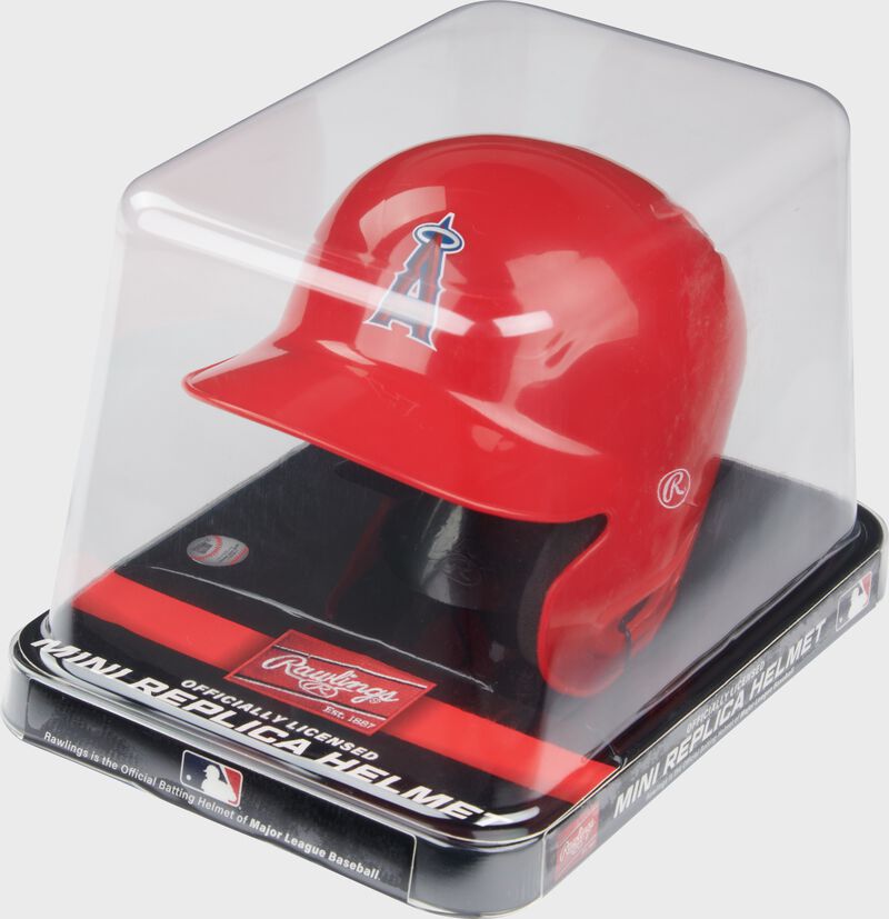 A red LA Angels mini replica helmet in a clear packaging case