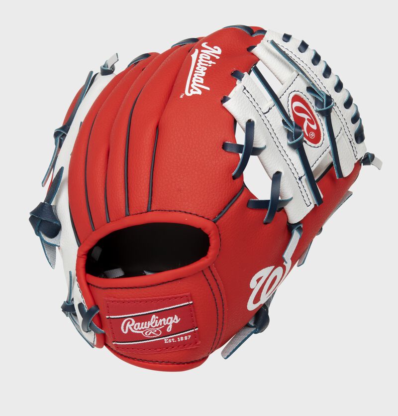 Back of a red/white Washington Nationals 10-inch youth I-web glove with a red Rawlings patch - SKU: 22000031111