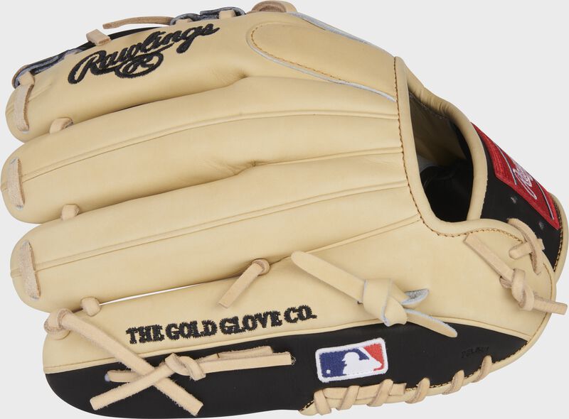 Back of a camel Manny Machado HOH infield glove with the MLB logo on the pinky - SKU: RSGPRONP5-MM13 image number null