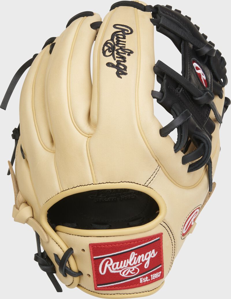 Back of a camel Gold Glove Elite 11.5" I-web glove with a red Rawlings patch