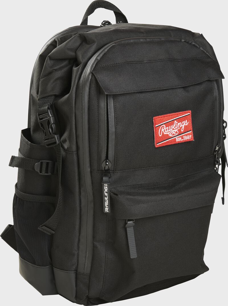 Front angle of a Rawling's CEO coach's backpack with a red Rawlings patch - SKU: CEOBP-B