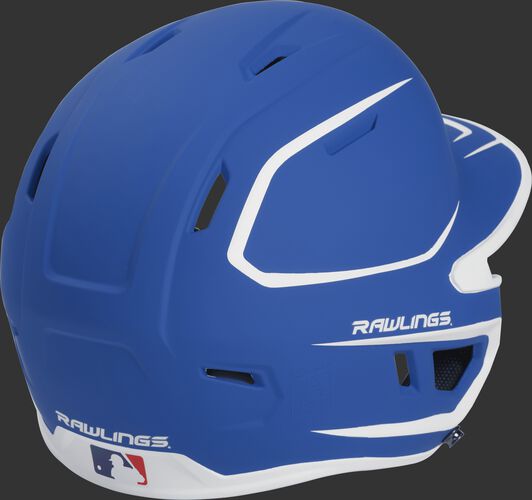 Back right of a two-tone matte royal/white MACHEXTR Rawlings senior size batting helmet