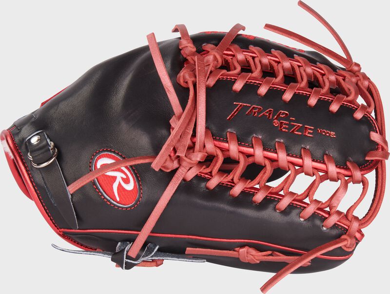 Thumb of a black Mike Trout Pro Preferred outfield glove with scarlet laces on the black Trap-Eze web - SKU: PROSMT27BS