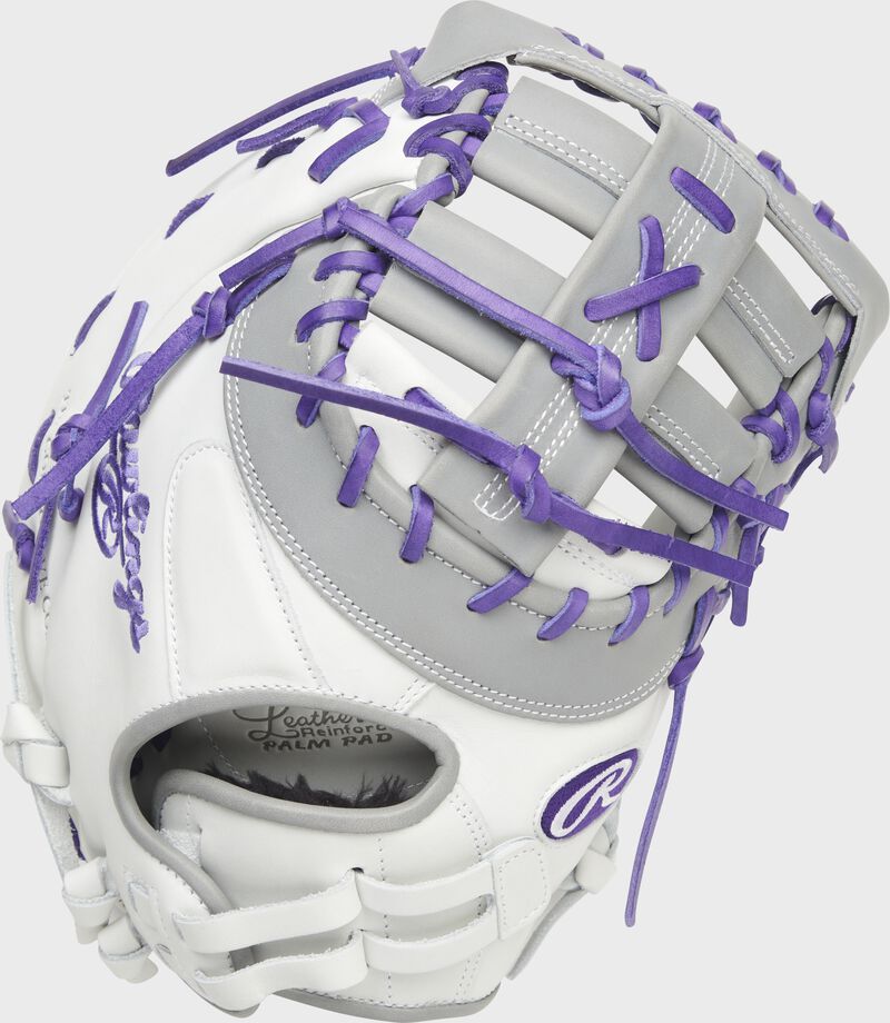 Back of a white/gray/purple Liberty Advanced Color Series first base mitt - SKU: RLADCTSBWPG