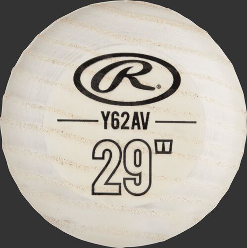 White knob of a Y62AV Rawlings youth ash wood bat