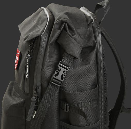 Left side of a black Rawlings coach's backpack with the clip on the side - SKU: CEOBP-B