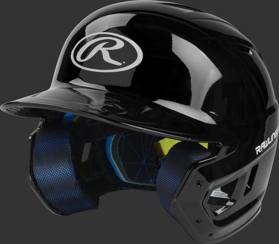 Left angle view of a Rawlings MACH helmet with a one-tone matte black shell